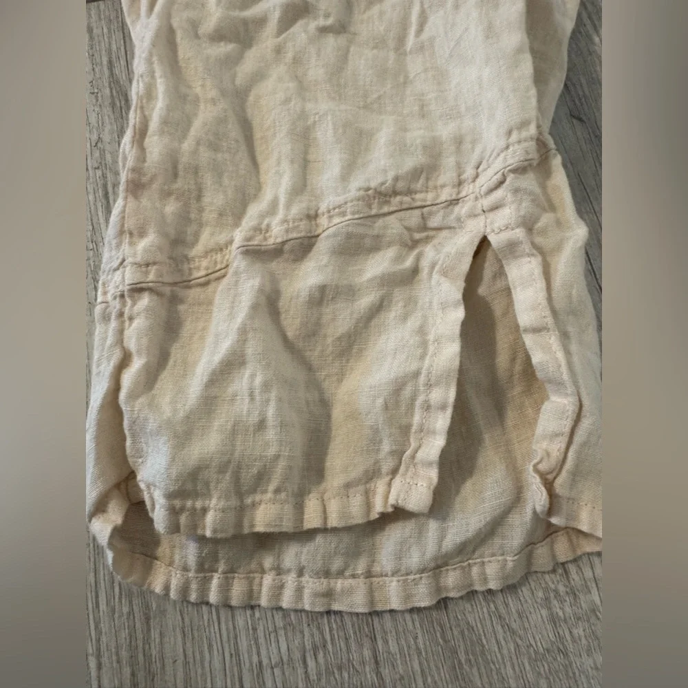 Flax Pull On Linen Pants Cropped Split Hem Drawstring Waist Lagenlook Cream Sml - Picture 4 of 10